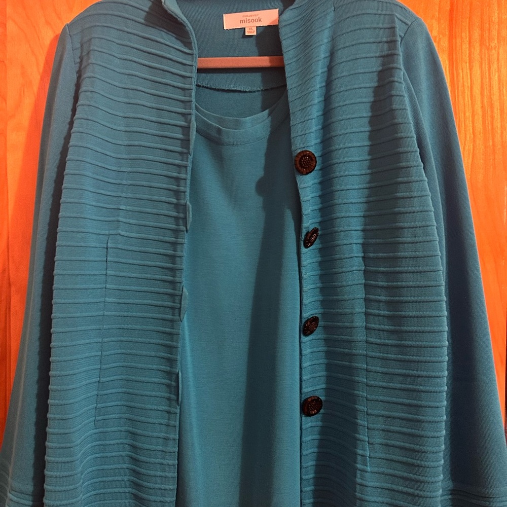 Misook Teal Ribbed Knit Cardigan and Shirt